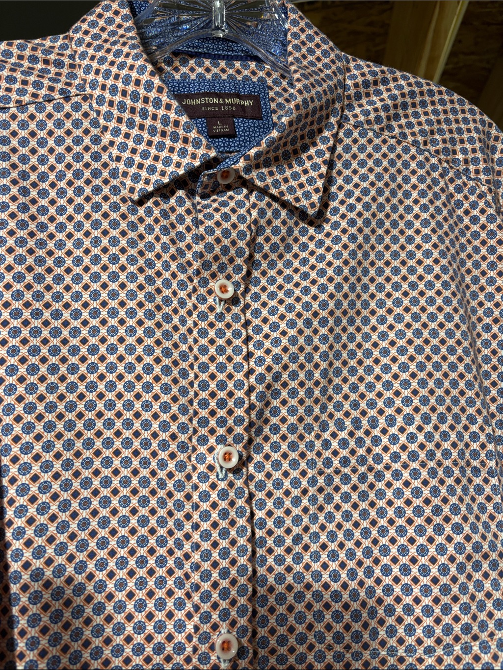 Johnston & Murphy Navy And Tan Geometric Button-Down Shirt